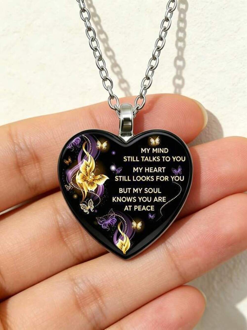 suteyi Memorial Heart Necklace, My Thoughts Are Always With You Butterfly & Fl